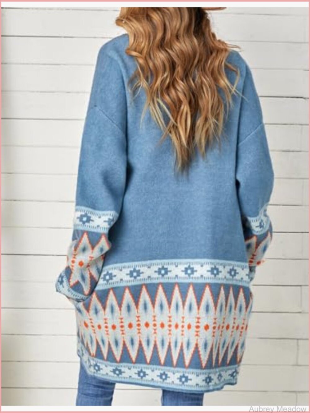 Boho Aztec Cardigan Sweater Shawl Collar Open Front Long Cardigan with Pockets - Picture 2 of 7